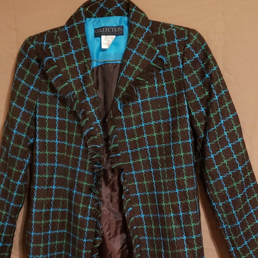 Collection -Harve Bernard, Brown, Baby blue & green plaid pattern jacket, Size 6